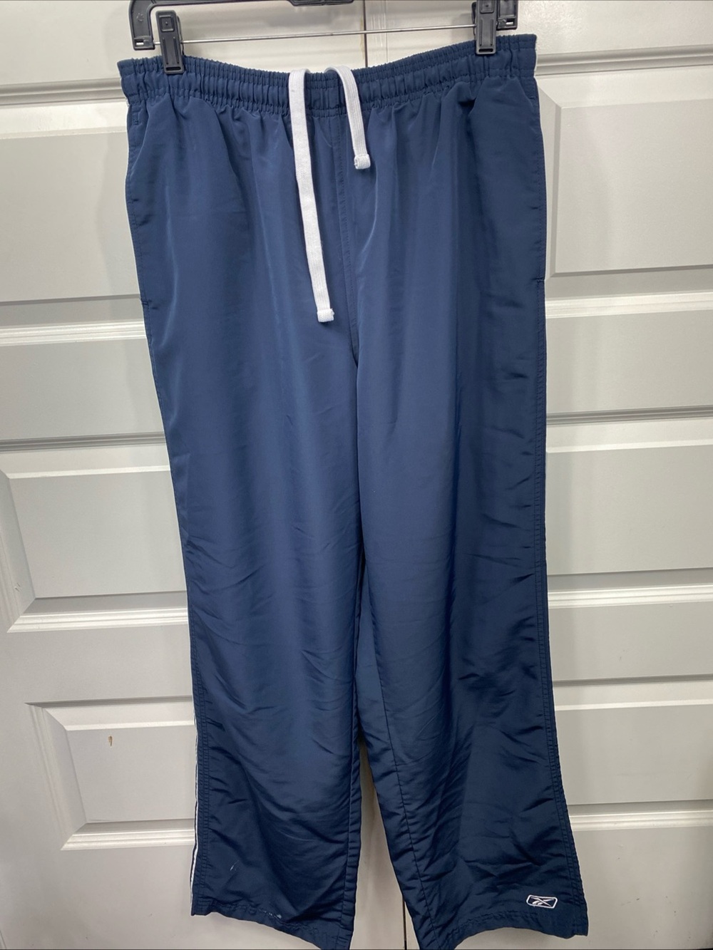 Men’s Reebok Track Pants Navy White Piping Lined Zipper Drawstring Large
